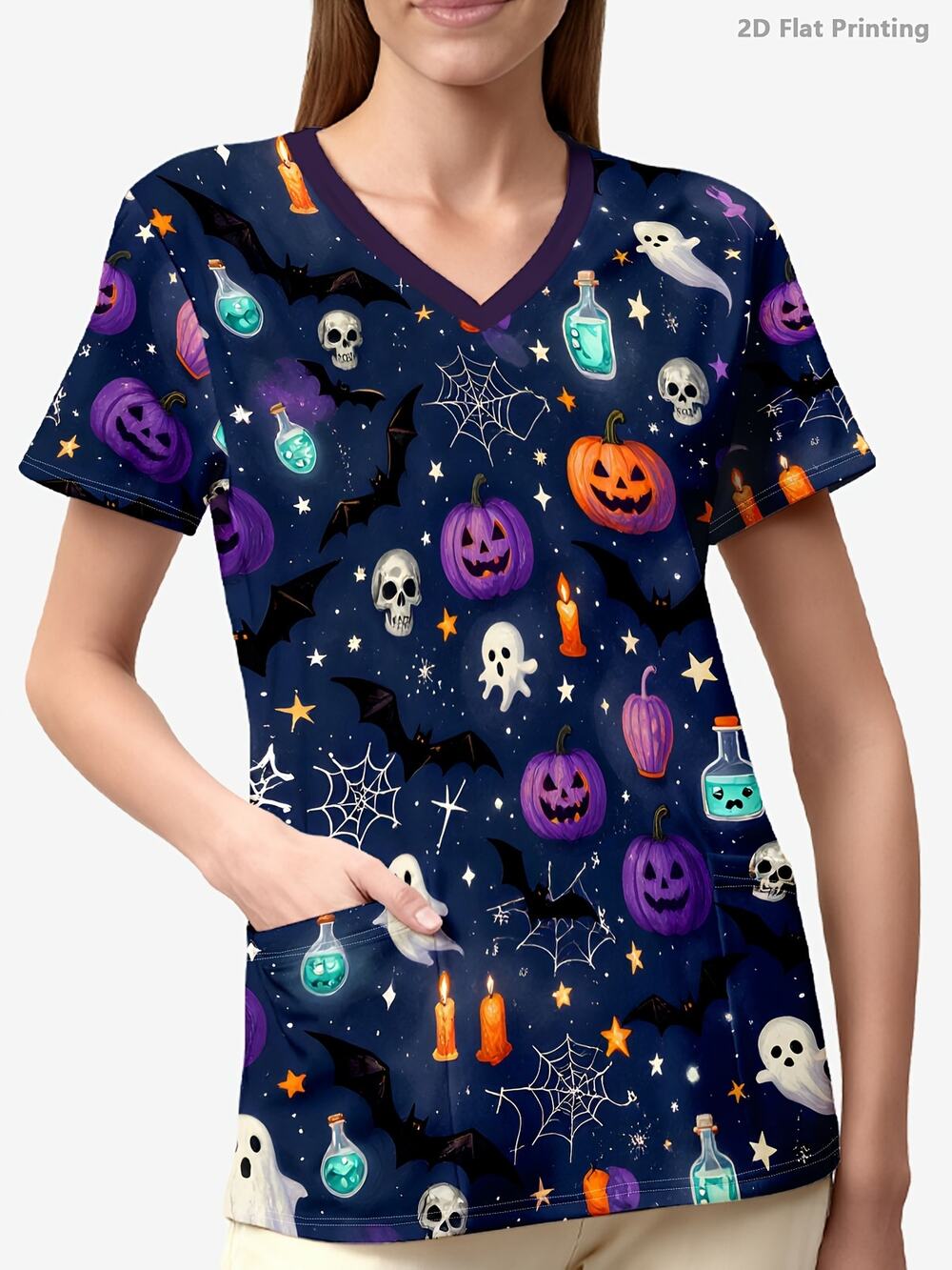 Halloween V-Neck Women's Scrubs Uniform 2XL Pumpkin Workwear Light 2 Pocket